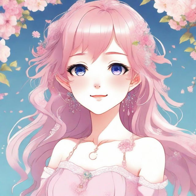 A beautiful anime girl with flowing pink hair, big sparkling eyes, and a gentle smile