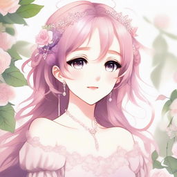 A beautiful anime girl with flowing pink hair, big sparkling eyes, and a gentle smile