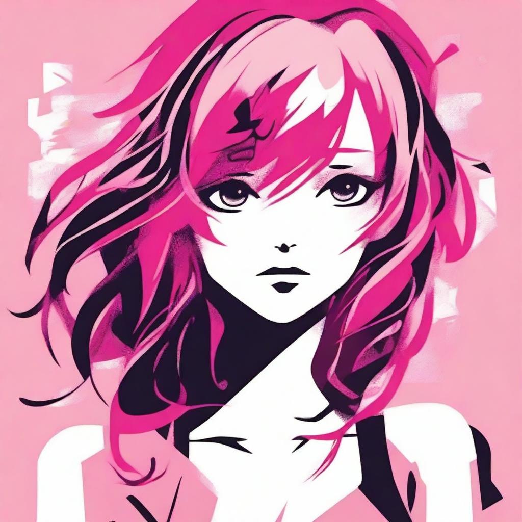 A stencil-style artwork of an anime girl with flowing pink hair