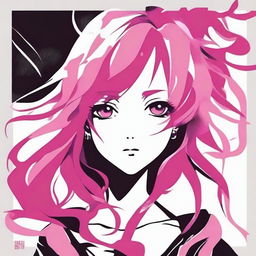 A stencil-style artwork of an anime girl with flowing pink hair