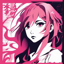 A stencil-style artwork of an anime girl with flowing pink hair