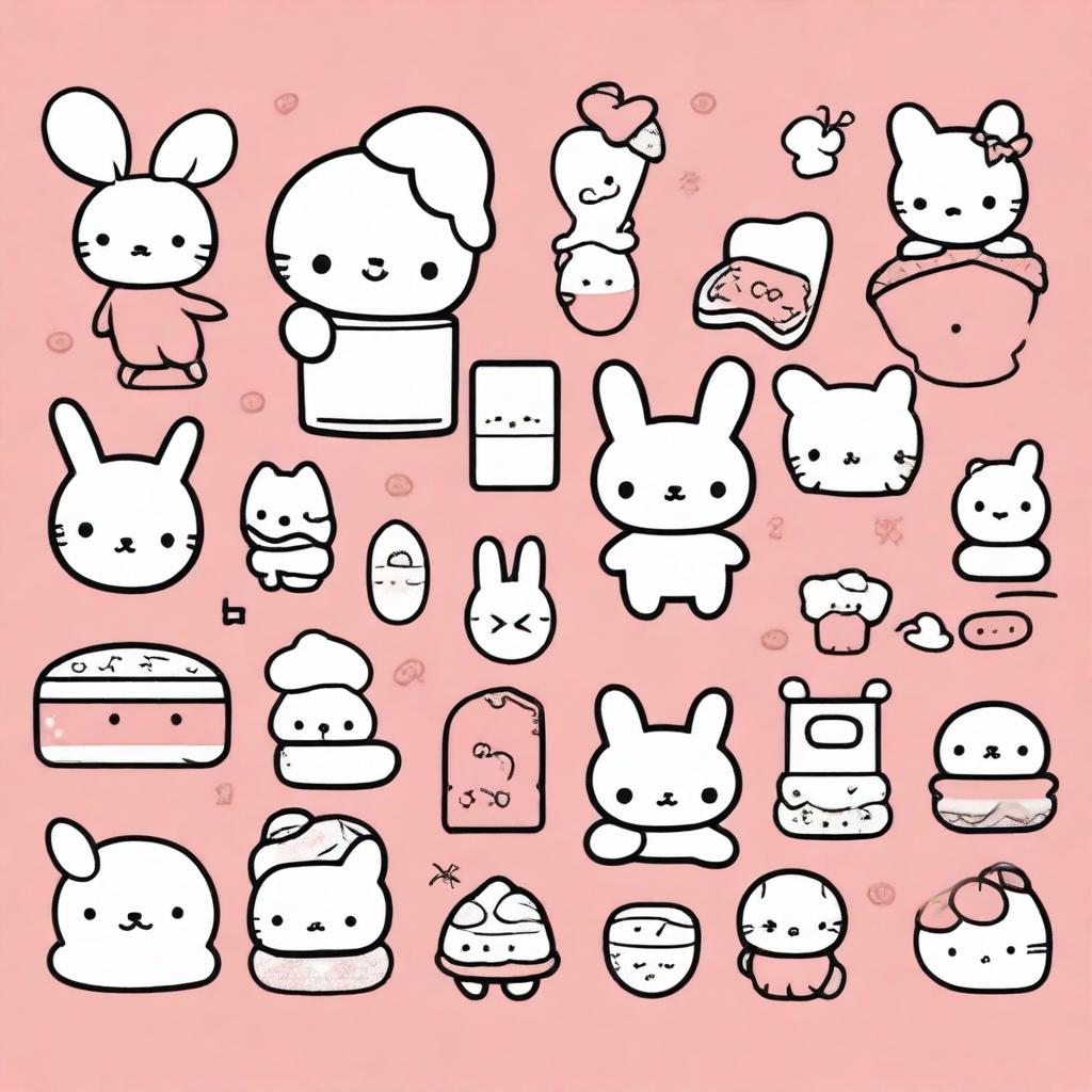 A collection of kawaii anime doodles featuring Sanrio characters like Hello Kitty, My Melody, and Cinnamoroll in stencil style