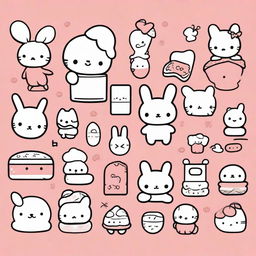 A collection of kawaii anime doodles featuring Sanrio characters like Hello Kitty, My Melody, and Cinnamoroll in stencil style