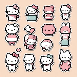 A collection of kawaii anime doodles featuring Sanrio characters like Hello Kitty, My Melody, and Cinnamoroll in stencil style