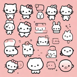 A collection of kawaii anime doodles featuring Sanrio characters like Hello Kitty, My Melody, and Cinnamoroll in stencil style