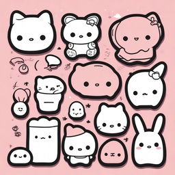 A collection of kawaii anime doodles featuring Sanrio characters like Hello Kitty, My Melody, and Cinnamoroll in stencil style