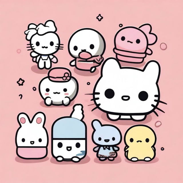 A collection of Sanrio doodles featuring beloved characters such as Hello Kitty, My Melody, Cinnamoroll, and Keroppi