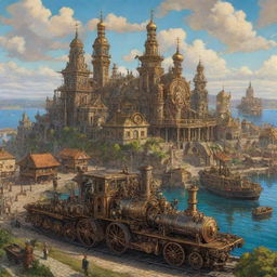 A vivid illustration of Ukraine in a steampunk fashion, displaying Kyiv with bronze-inlaid architecture, the Black Sea coasts bustling with steamboats, and the rural landscapes complemented with clockwork-based agricultural machinery.