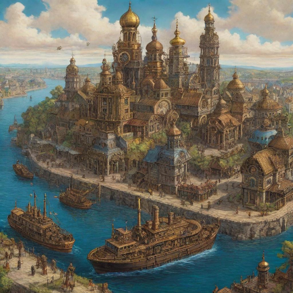 A vivid illustration of Ukraine in a steampunk fashion, displaying Kyiv with bronze-inlaid architecture, the Black Sea coasts bustling with steamboats, and the rural landscapes complemented with clockwork-based agricultural machinery.