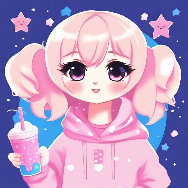 A cute kawaii chibi girl with platinum blonde hair, wearing pink sweats and drinking an Icee