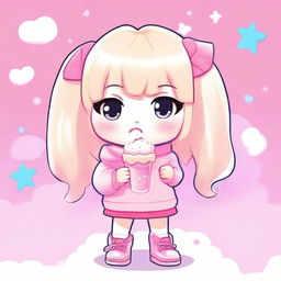 A cute kawaii chibi girl with platinum blonde hair, wearing pink sweats and drinking an Icee