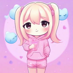 A cute kawaii chibi girl with platinum blonde hair, wearing pink sweats and drinking an Icee