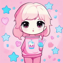 A cute kawaii chibi girl with platinum blonde hair, wearing pink sweats and drinking an Icee