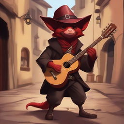 A red kobold dressed in dark leather clothes, wearing a fur cape and a cavalier hat, holding a Spanish guitar