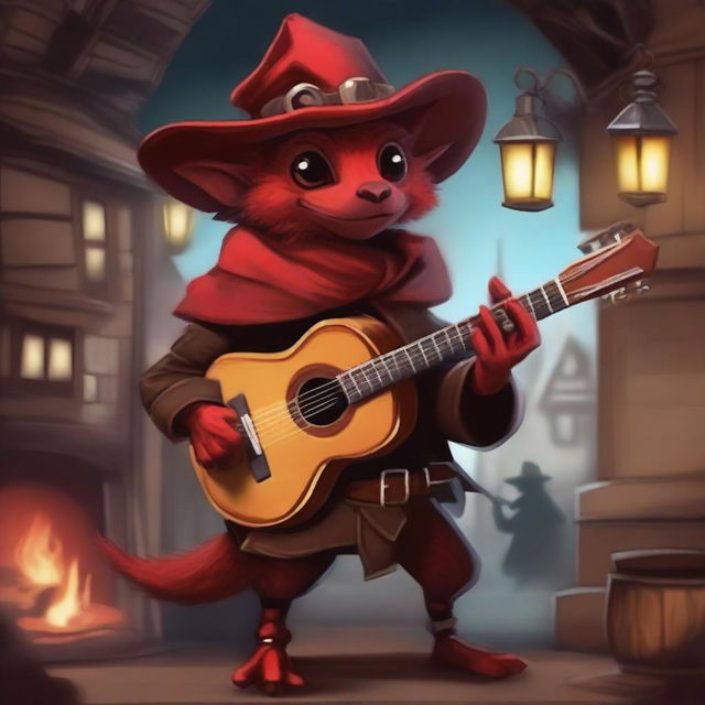 A red kobold dressed in dark leather clothes, wearing a fur cape and a cavalier hat, holding a Spanish guitar