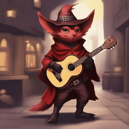 A red kobold dressed in dark leather clothes, wearing a fur cape and a cavalier hat, holding a Spanish guitar