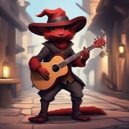 A red kobold dressed in dark leather clothes, wearing a fur cape and a cavalier hat, holding a Spanish guitar