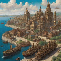 A vivid illustration of Ukraine in a steampunk fashion, displaying Kyiv with bronze-inlaid architecture, the Black Sea coasts bustling with steamboats, and the rural landscapes complemented with clockwork-based agricultural machinery.