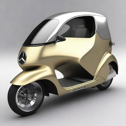 Create an image of a triscooter with a closed cabin that has doors, styled like a Mercedes