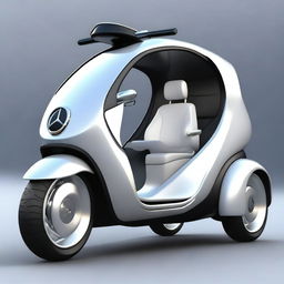 Create an image of a triscooter with a closed cabin that has doors, styled like a Mercedes