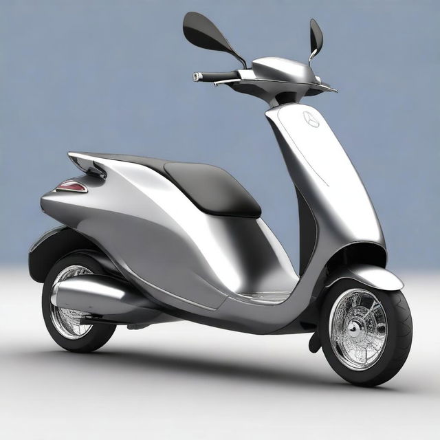 Create an image of a triscooter with a closed cabin that has doors, styled like a Mercedes