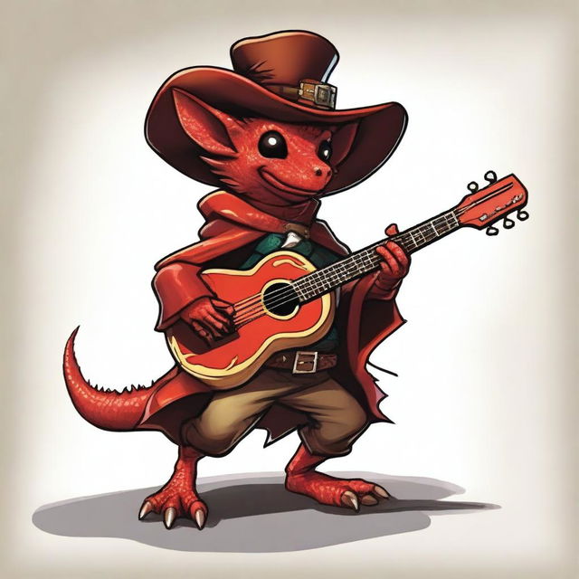 A red lizard kobold wearing dark leather clothes, a fur cape, and a cavalier hat