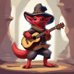 A red lizard kobold wearing dark leather clothes, a fur cape, and a cavalier hat