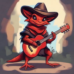 A red lizard kobold wearing dark leather clothes, a fur cape, and a cavalier hat