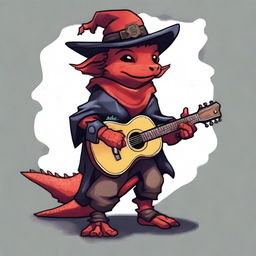 A red lizard kobold wearing dark leather clothes, a fur cape, and a cavalier hat