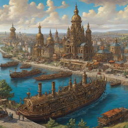 A vivid illustration of Ukraine in a steampunk fashion, displaying Kyiv with bronze-inlaid architecture, the Black Sea coasts bustling with steamboats, and the rural landscapes complemented with clockwork-based agricultural machinery.