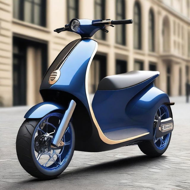 Create an image of a triscooter with a closed cabin that has doors, styled like a Bugatti