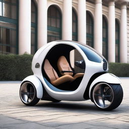 Create an image of a triscooter with a closed cabin that has doors, styled like a Bugatti