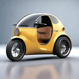 Create an image of a triscooter with a closed cabin that has doors, styled like a Bugatti