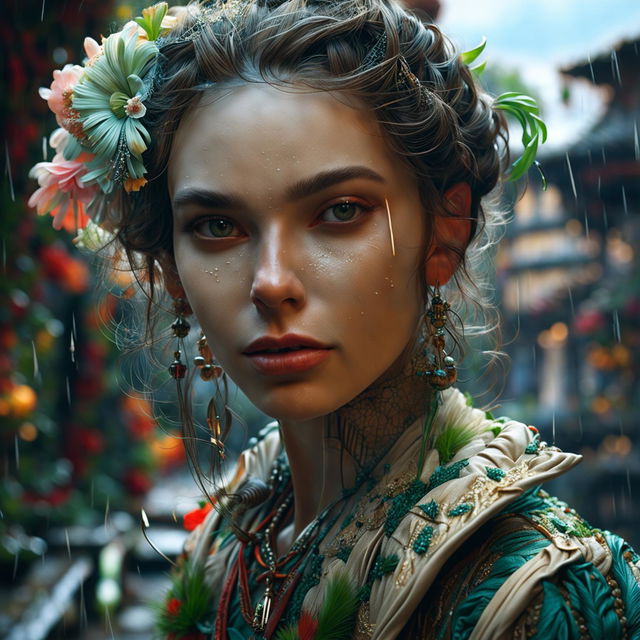 Intense close-up of a Russian elfish woman's intricately detailed face in a hyper-realistic 3D photograph. She's in a rococo gown in a vibrant, mystical Russian town on a rainy day.