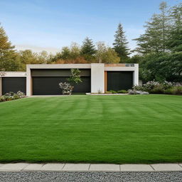 A luxurious contemporary house nestled in a serene suburban neighborhood, accentuated by a landscaped garden, well-manicured lawns and a cobblestone driveway.