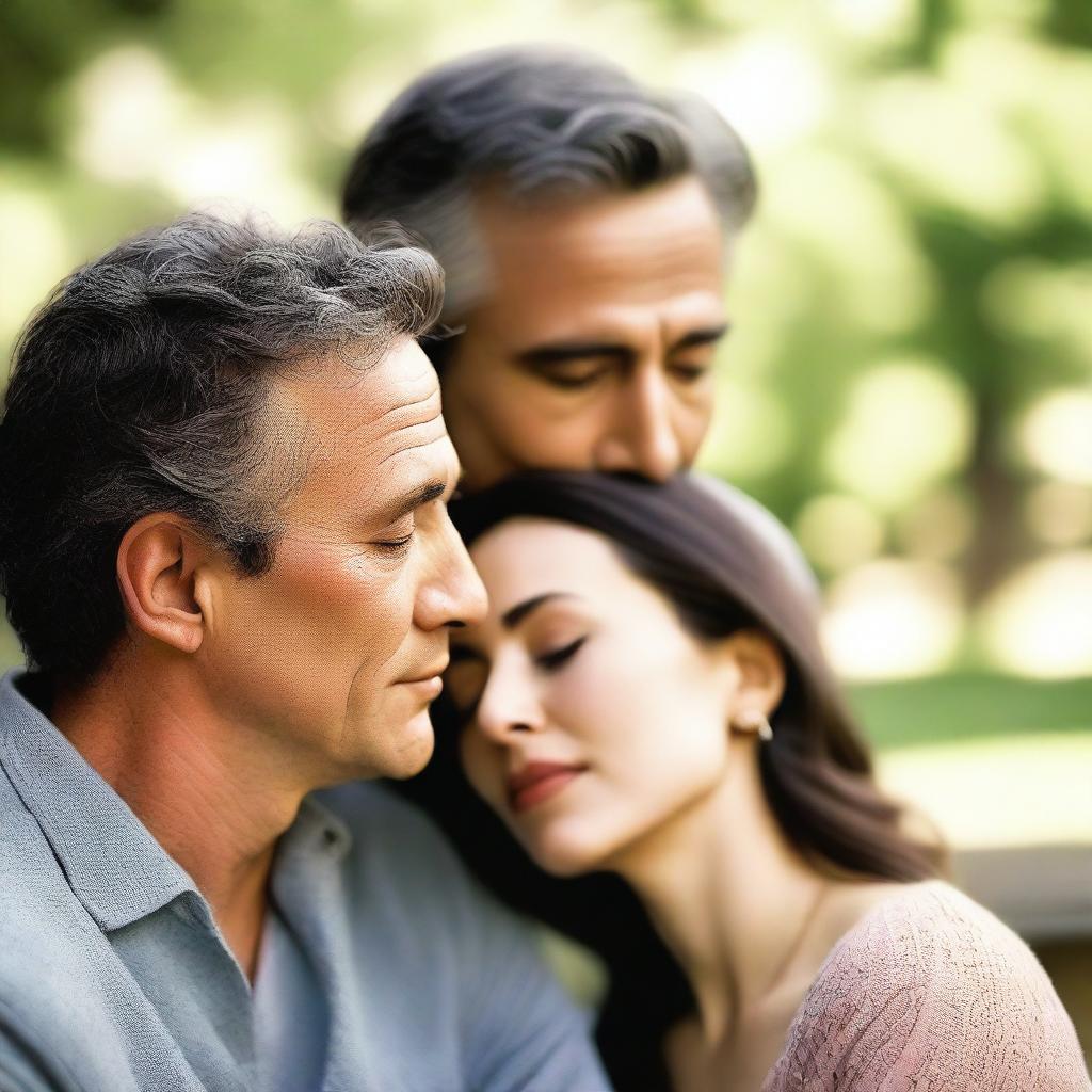 An up-close scene of a man watching from a distance as a man and woman who are in love share a tender moment