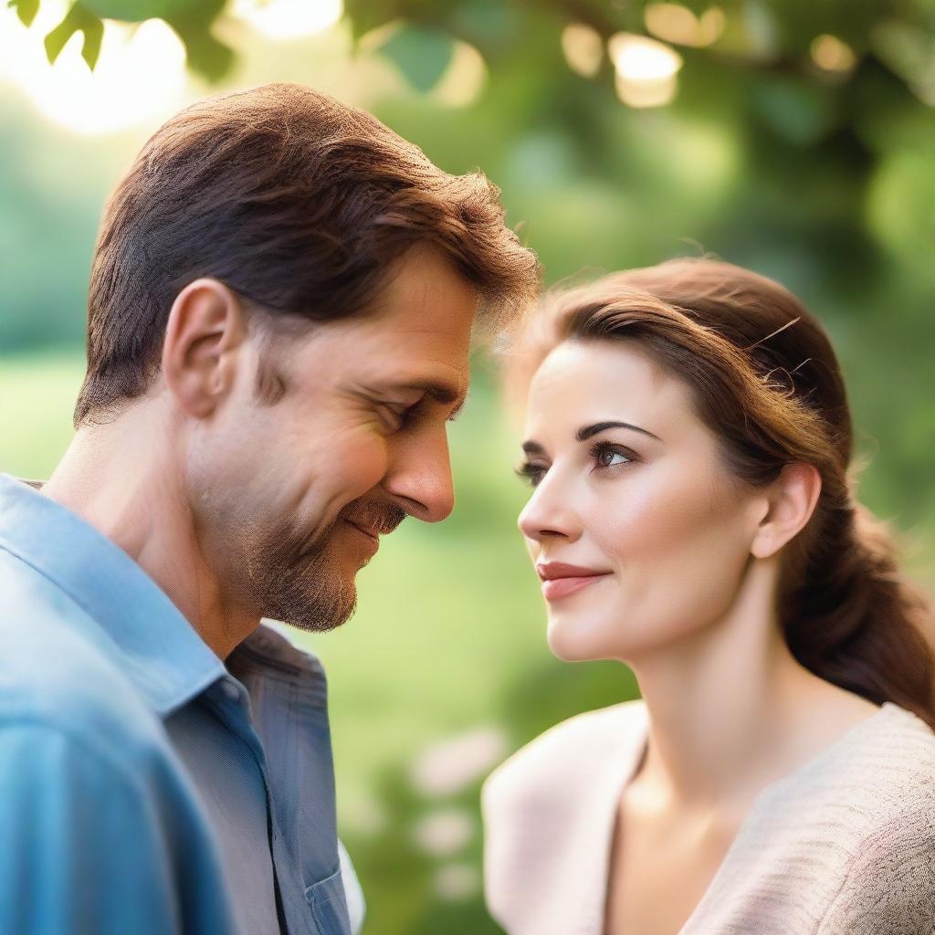 An up-close scene of a man watching from a distance as a man and woman who are in love share a tender moment