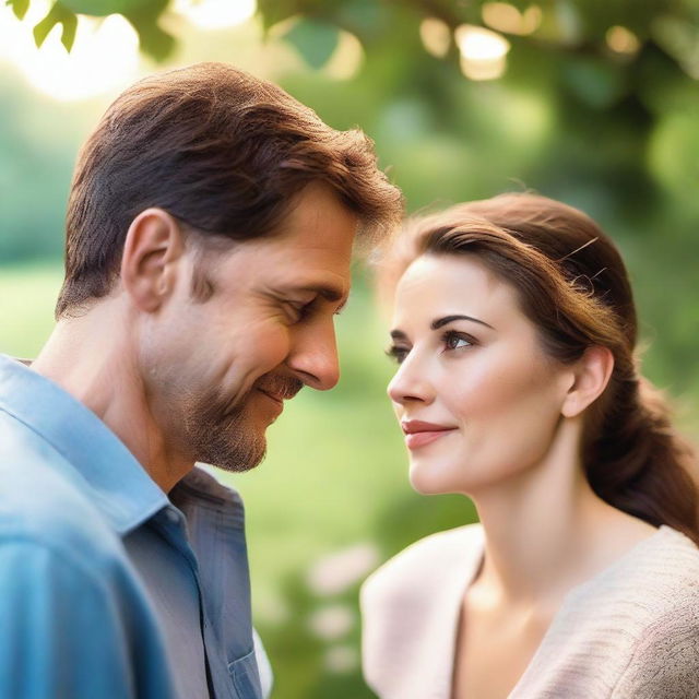 An up-close scene of a man watching from a distance as a man and woman who are in love share a tender moment