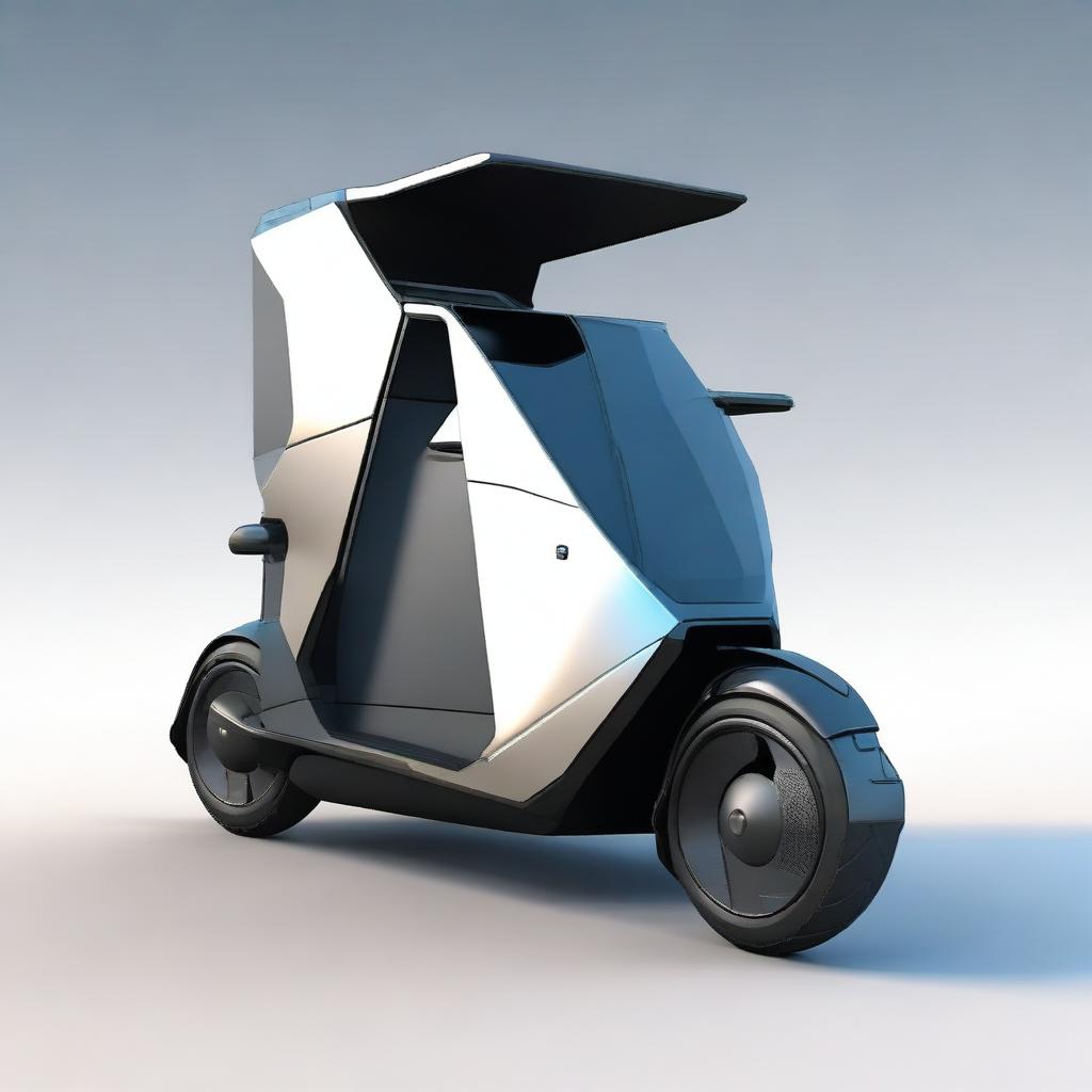 Create an image of a triscooter with a closed cabin and doors, designed in a cybertruck style