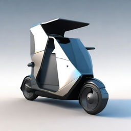 Create an image of a triscooter with a closed cabin and doors, designed in a cybertruck style