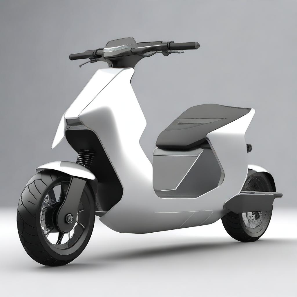 Create an image of a triscooter with a closed cabin and doors, designed in a cybertruck style