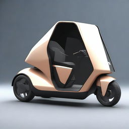 Create an image of a triscooter with a closed cabin and doors, designed in a cybertruck style