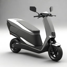 Create an image of a triscooter with a closed cabin and doors, designed in a cybertruck style