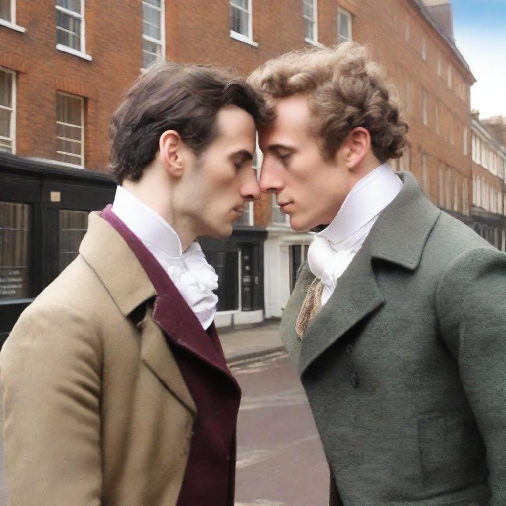 Create a rectangular book cover sized 600x400 for a gay romance novel set in London in the year 1816