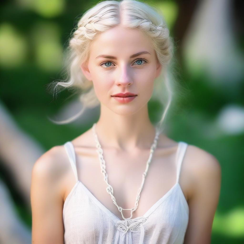 A beautiful and delicate Caucasian woman with wavy waist-length platinum blonde hair, adorned with two small braids at the temple, pulled back, showcasing her striking blue-green eyes and delicate features