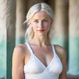 A beautiful and delicate Caucasian woman with wavy waist-length platinum blonde hair, adorned with two small braids at the temple, pulled back, showcasing her striking blue-green eyes and delicate features