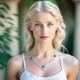 A beautiful and delicate Caucasian woman with wavy waist-length platinum blonde hair, adorned with two small braids at the temple, pulled back, showcasing her striking blue-green eyes and delicate features