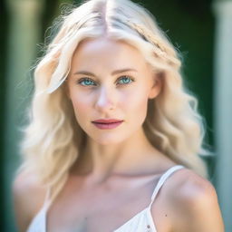 A beautiful and delicate Caucasian woman with wavy waist-length platinum blonde hair, adorned with two small braids at the temple, pulled back, showcasing her striking blue-green eyes and delicate features