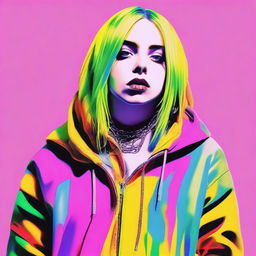 A stylish and artistic representation of Billie Eilish, capturing her unique fashion sense and confident demeanor