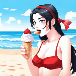 A young woman with long black twintails and red eyes, wearing a red bikini, is licking an ice cream